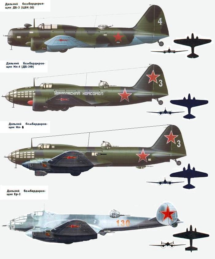 дальние бомбардировщики ДБ-3, ИЛ-4, ИЛ-6 и Ер-2